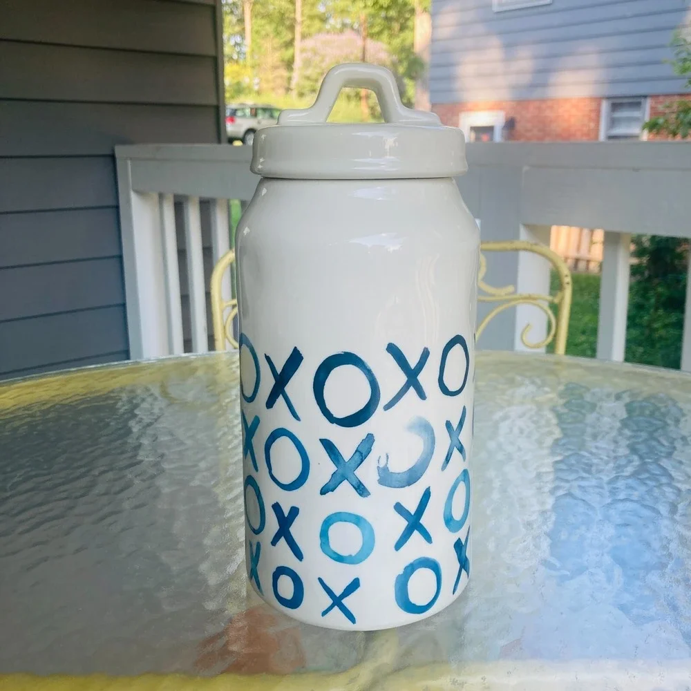 Rae Dunn Artesian Collection Treats XOXO Indigo Blue Boutique Canister Dimpled